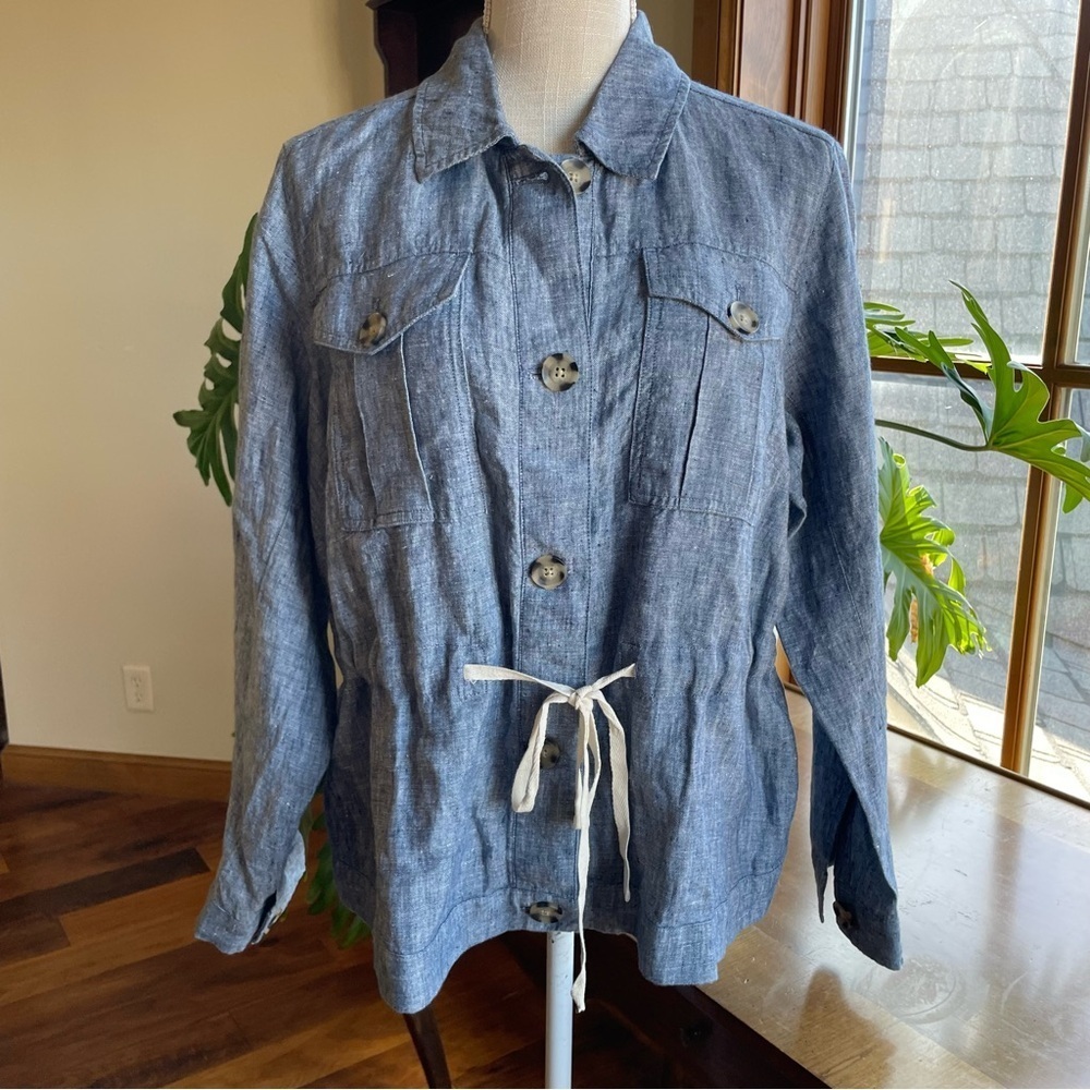 J. Jill Love Linen Casual Blue Tie Waist 100% Linen Utility Chore Jacket - Picture 4 of 15